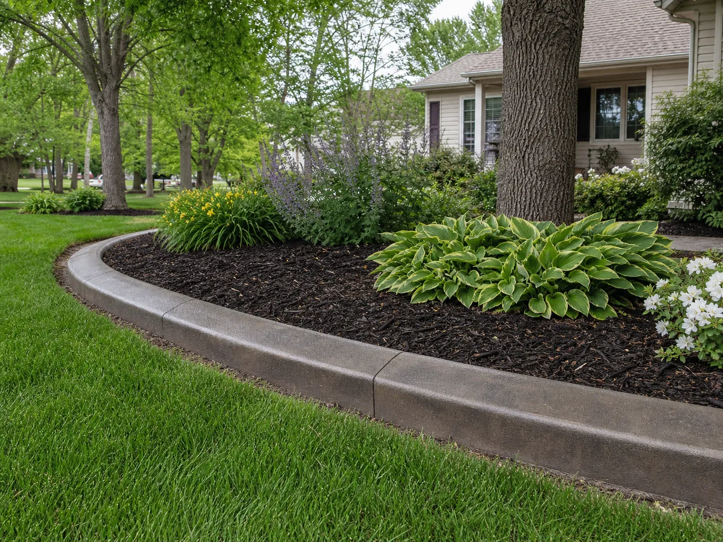 Refreshed decorative concrete curbing surrounding a landscaped garden bed