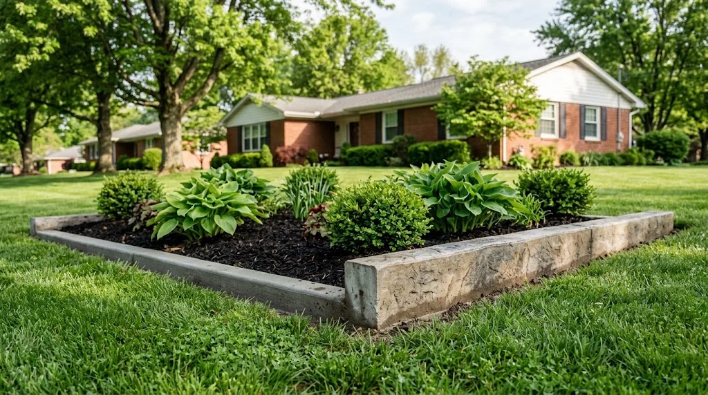Low concrete edging and a taller stone-textured border around a planted bed