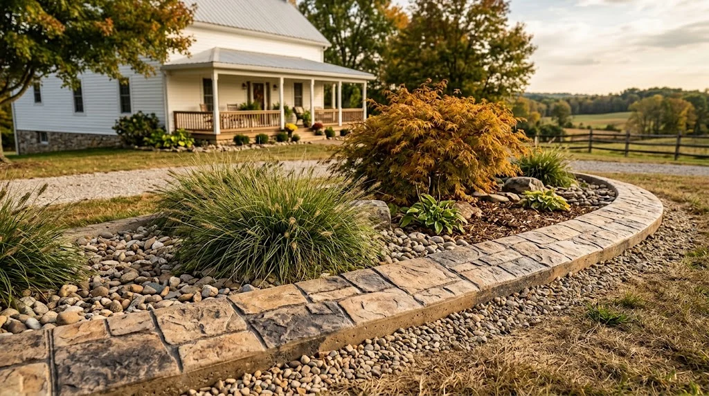 Stone-textured concrete curbing around a landscape bed beside a farmhouse