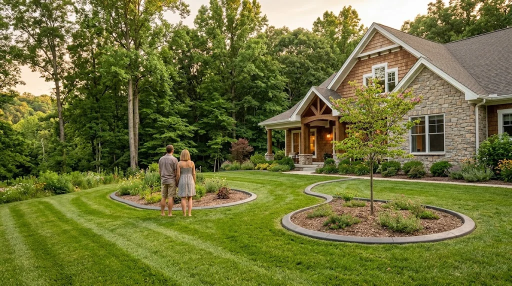 Homeowners looking at curved concrete borders around their landscape beds
