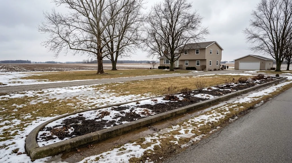 Concrete landscape border beside a driveway in winter