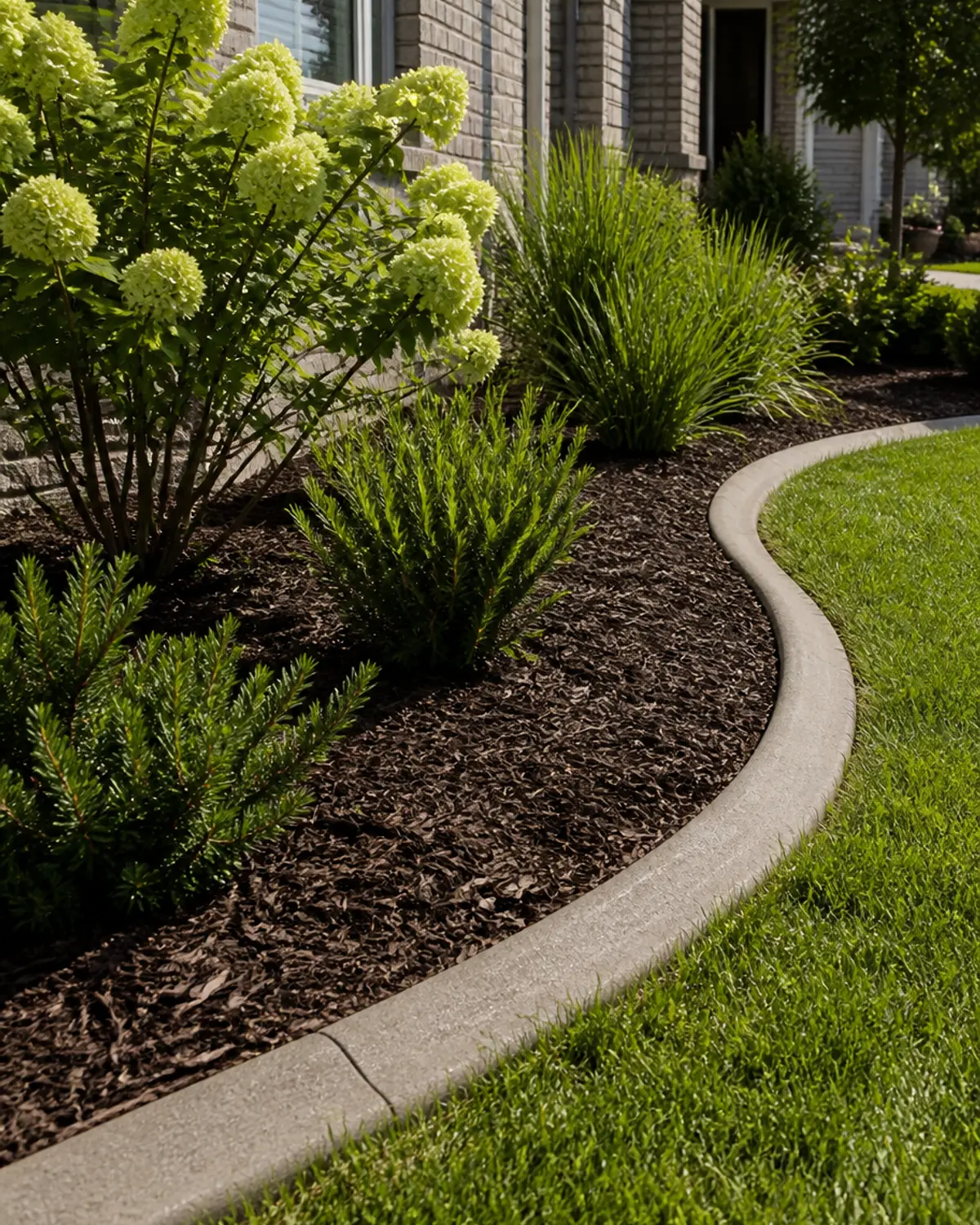 Evenly spread dark mulch around shrubs and a blooming hydrangea inside a curved concrete border