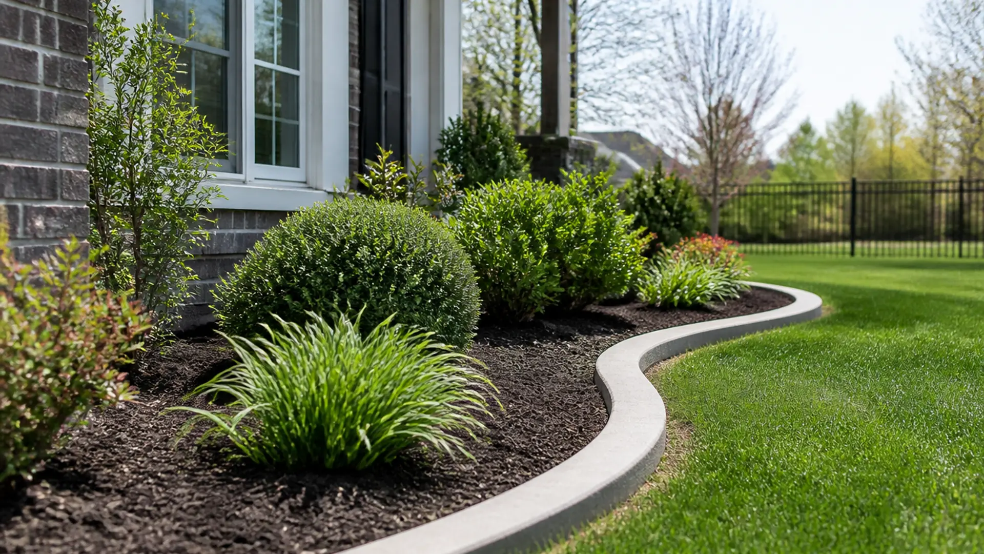 Freshly mulched landscape bed with trimmed shrubs and a curved concrete border beside a green lawn
