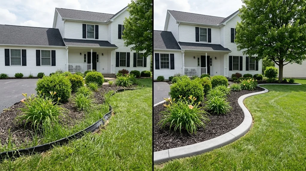 Plastic edging and concrete curbing compared beside the same home