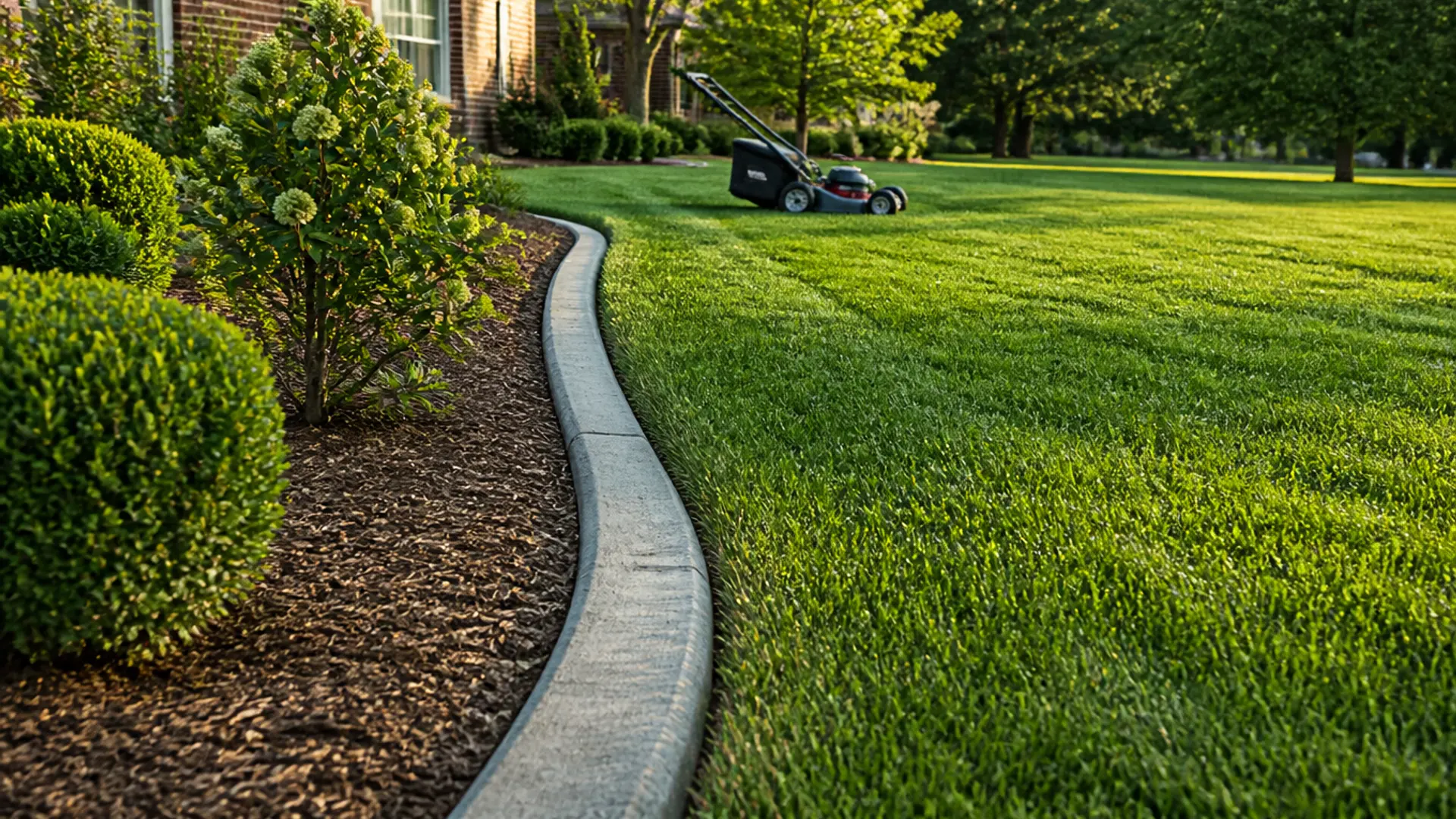 Curved concrete curb separating a mulched shrub bed from a freshly mowed lawn, with a push mower in the background