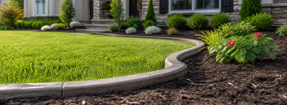 Low rounded concrete curb wrapping a mulched flower bed in front of a stone-faced home
