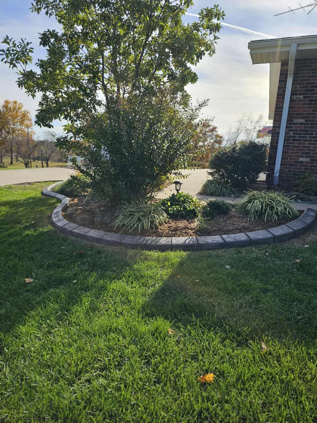 Wide stone-look concrete curb around a residential tree bed