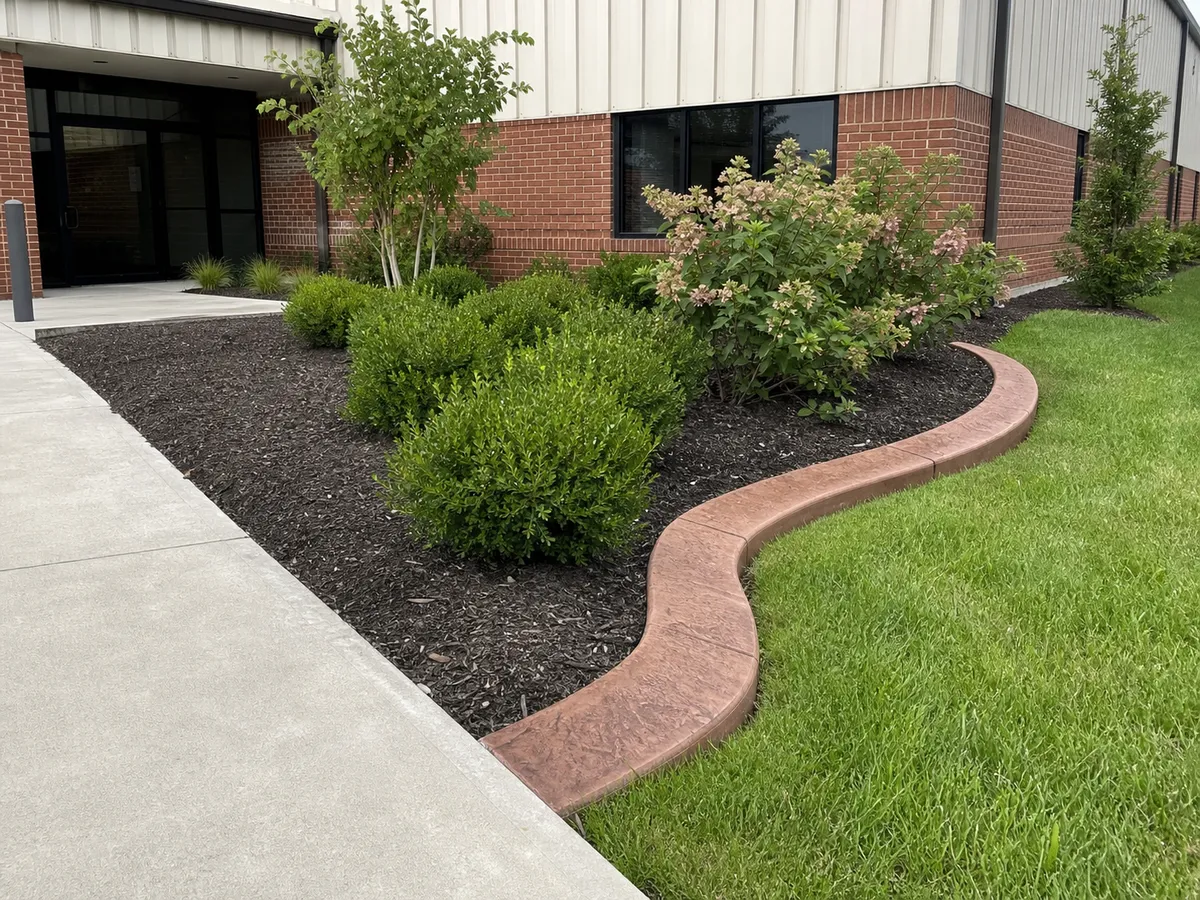 colored concrete curbing commercial landscape bed in Southern Indiana