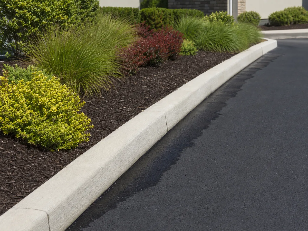 commercial concrete landscape border beside a Southern Indiana parking lot