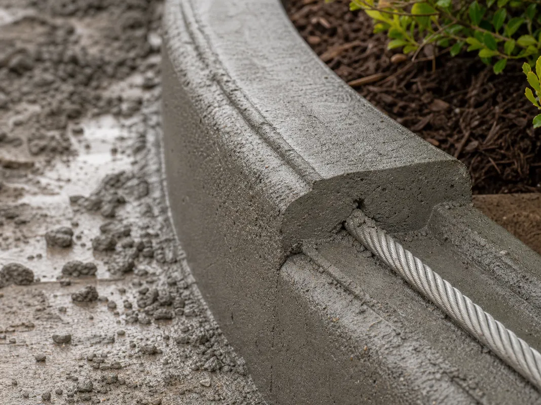 commercial concrete curbing installation showing stainless-steel cable in Southern Indiana