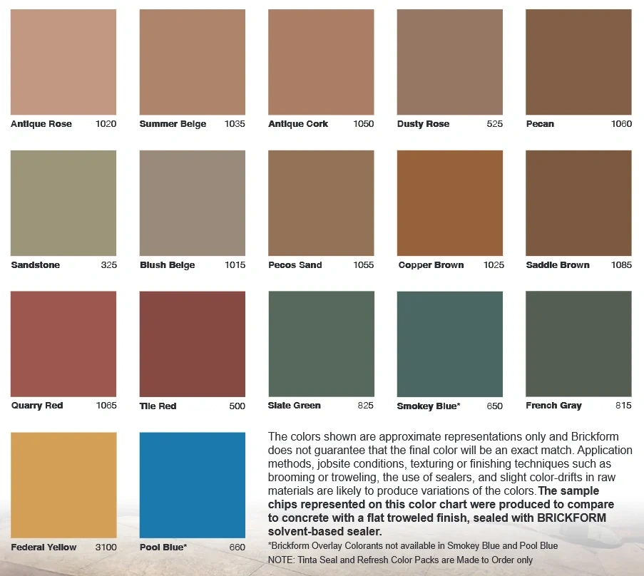 Made-to-order Brickform concrete color chart with 17 labeled color options