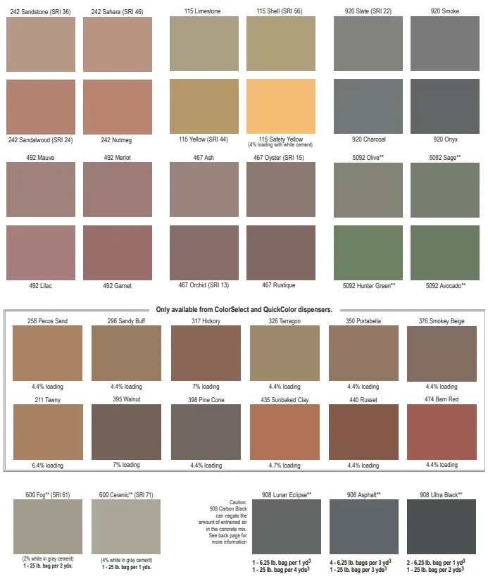 Solomon Colors concrete color chart featuring neutral, gray, green, and specialty options