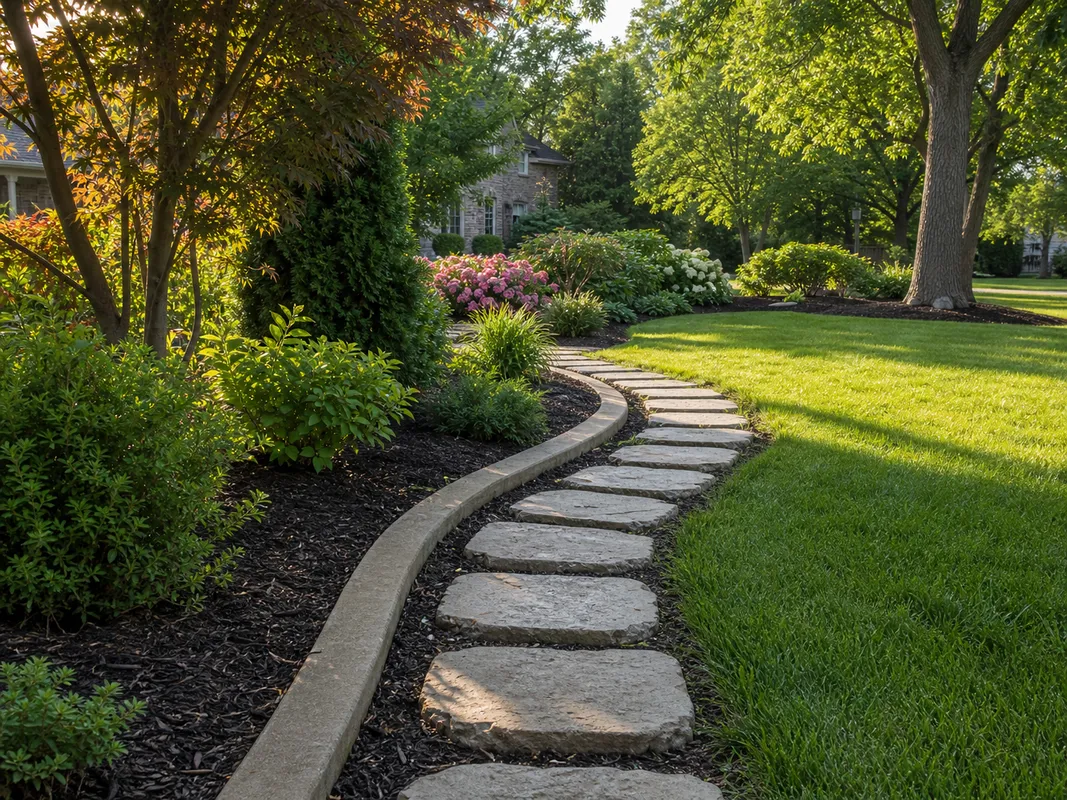 curved concrete stepping stone path with Southern Indiana landscape curbing