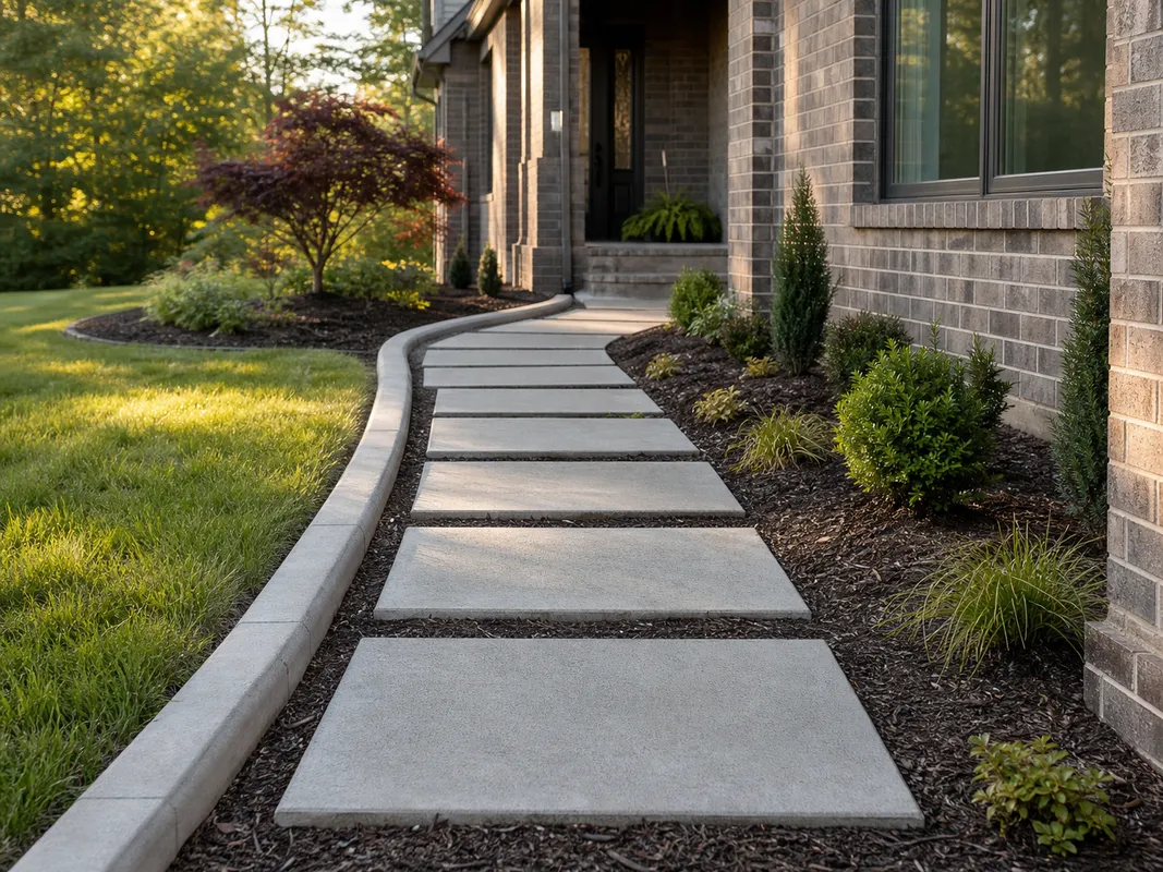 concrete stepping stone entry path installed with landscape curbing in Southern Indiana