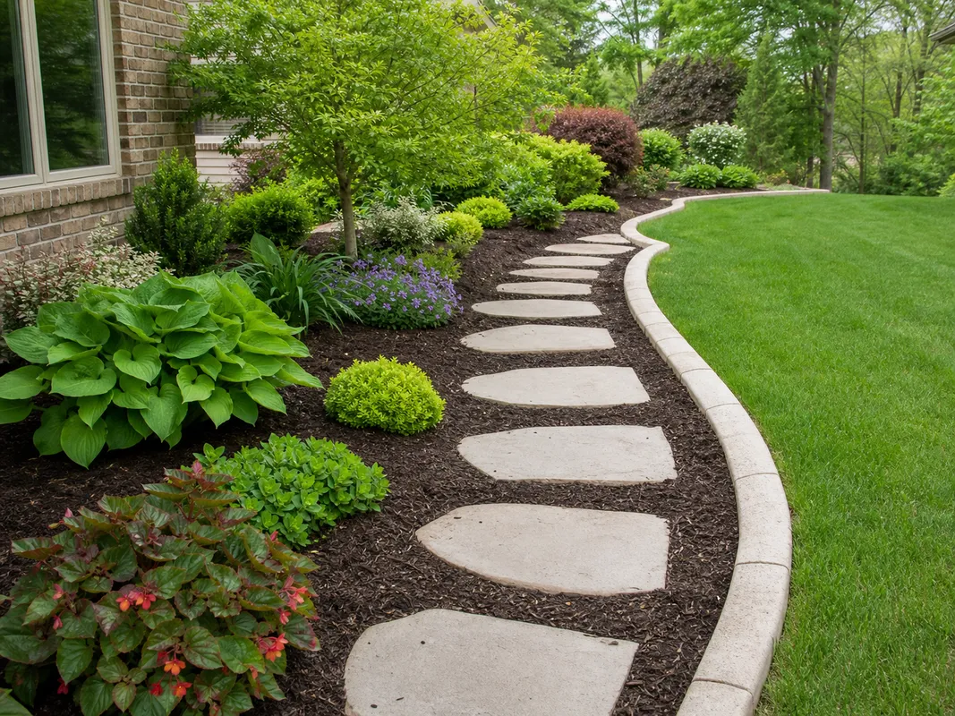 concrete stepping stone garden path installed with curbing in Southern Indiana