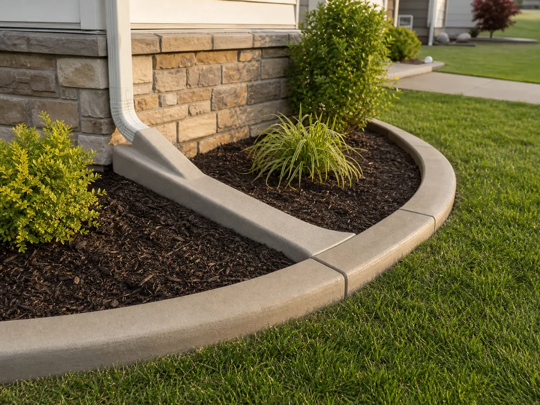 curb-matched concrete downspout extension in Southern Indiana