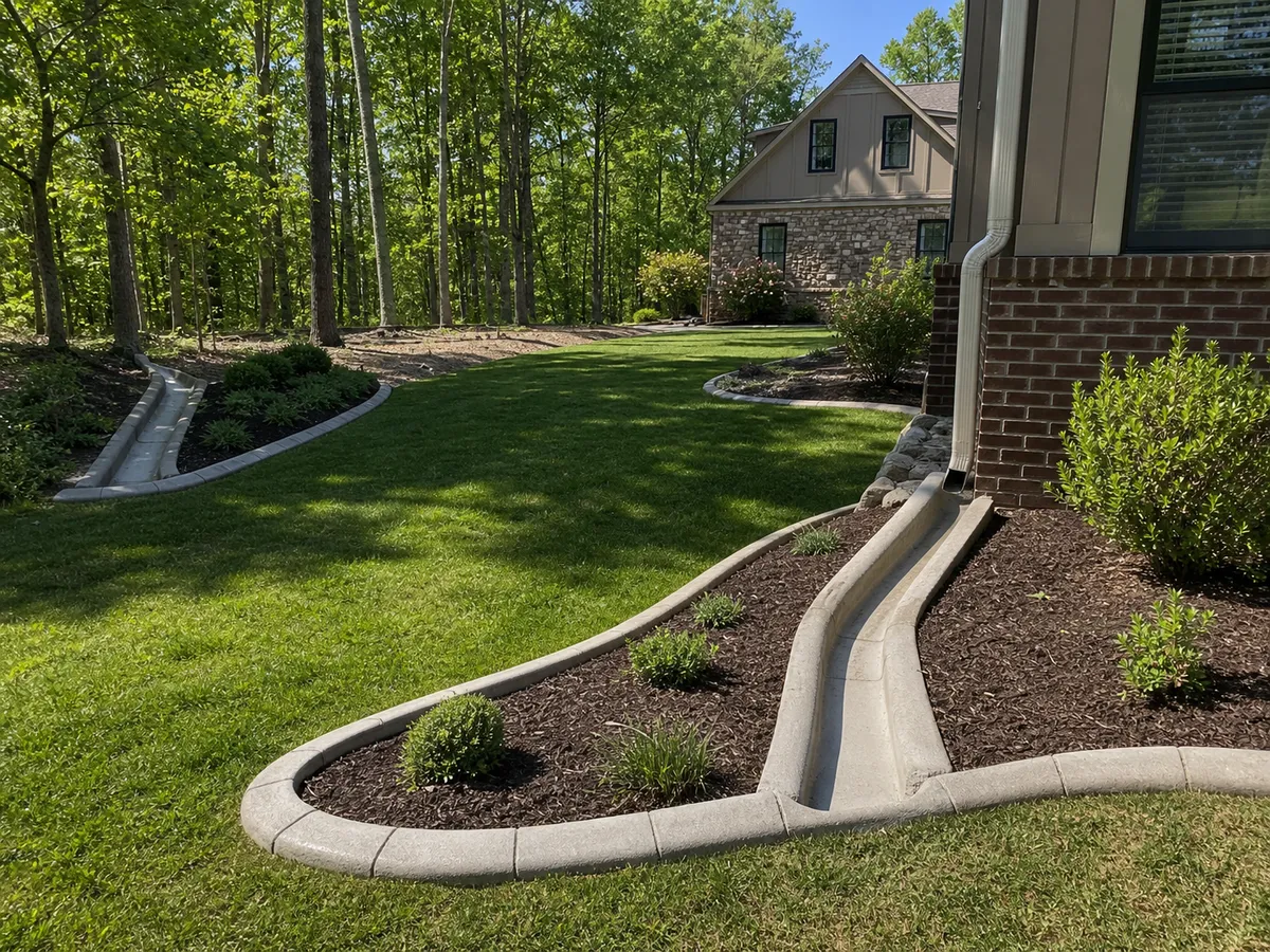 multiple handcrafted downspout extensions at a Southern Indiana property