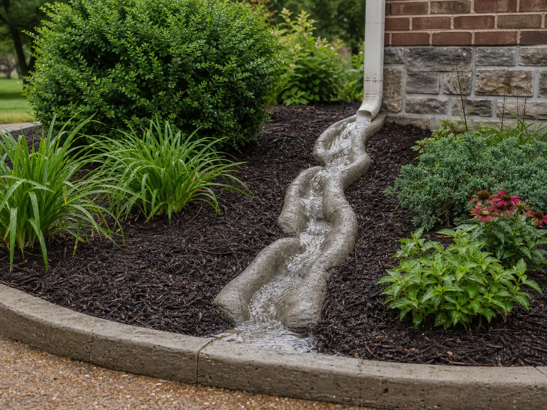 handcrafted downspout extension through a Southern Indiana planting bed