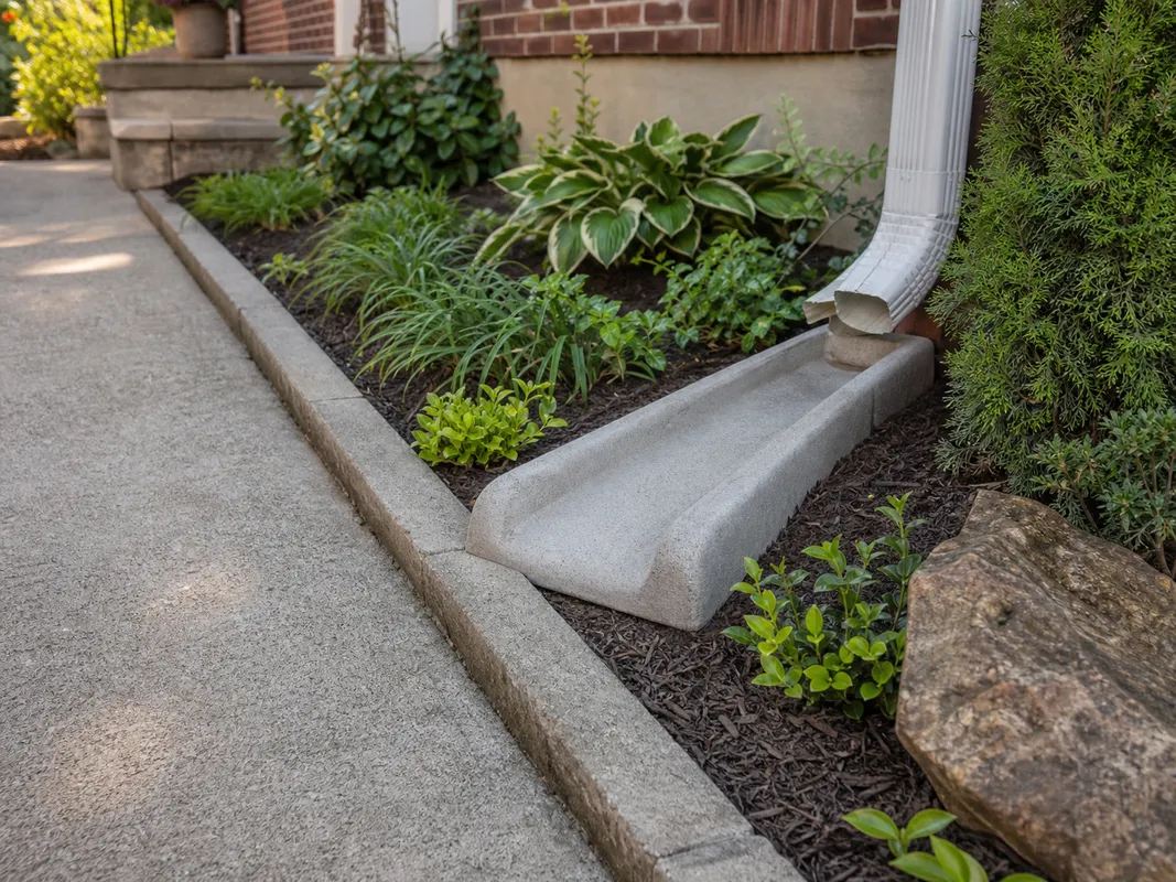 handcrafted downspout extension beside a Southern Indiana walkway