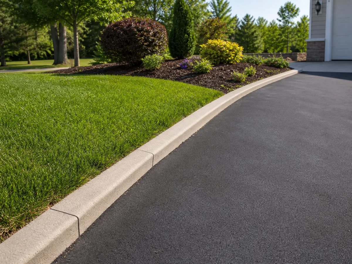Driveway landscape transition with concrete edging in Washington IN.