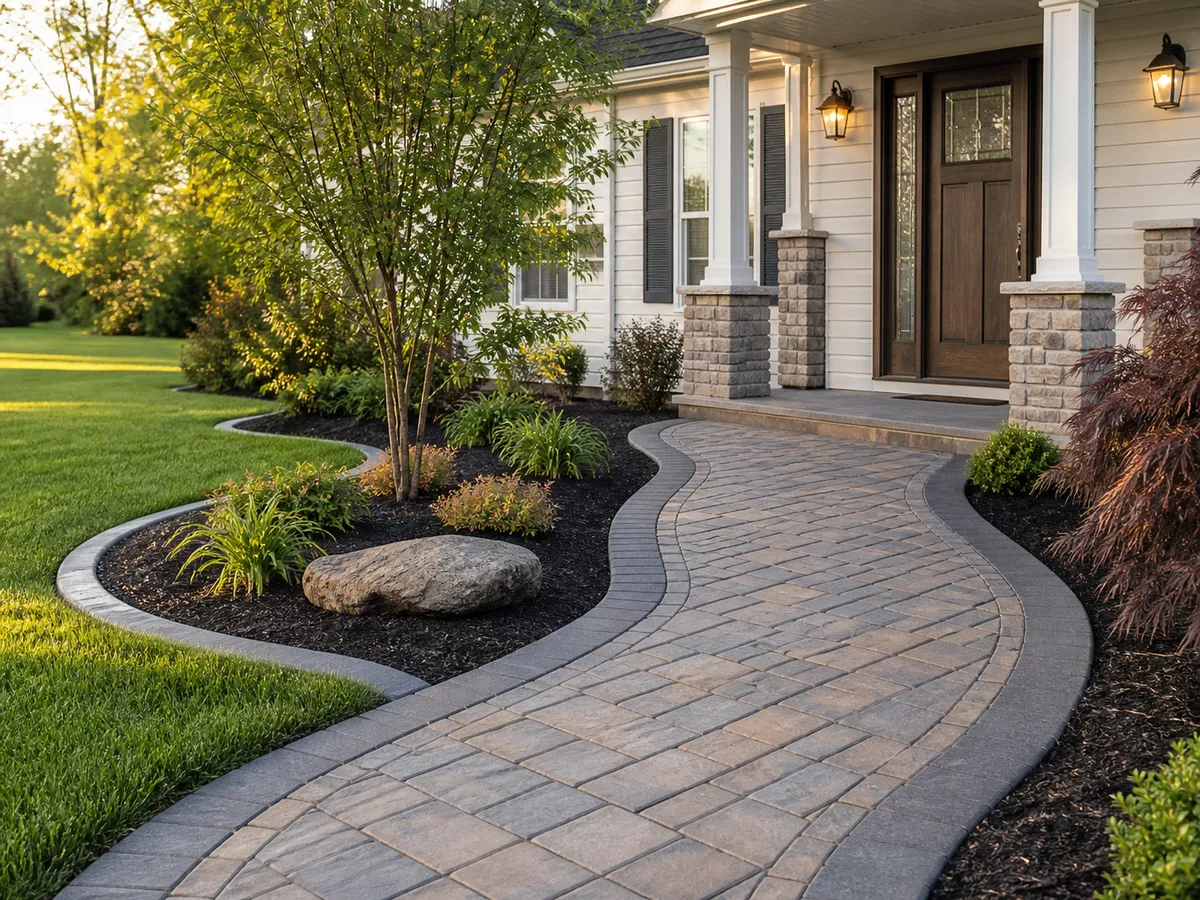 Front walkway hardscape in Washington IN with decorative landscape edging.