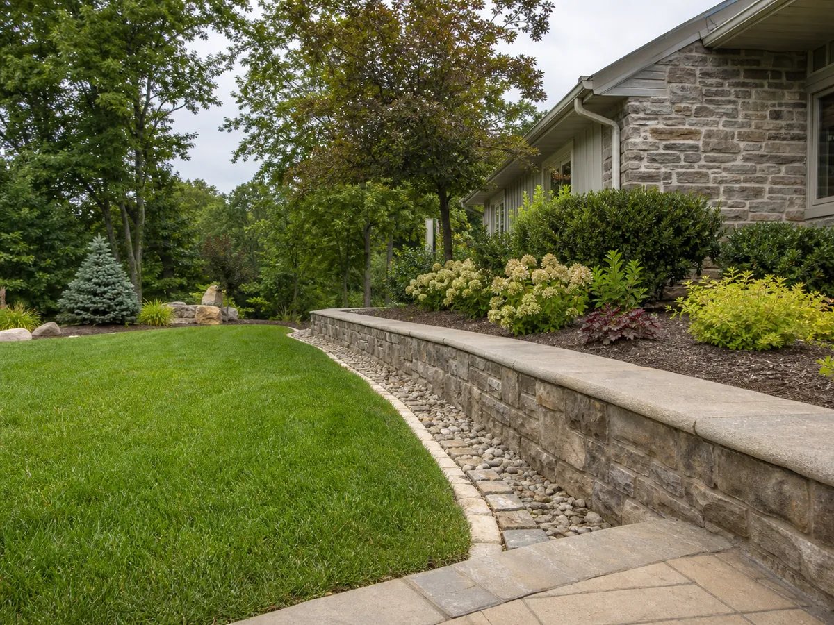 Hardscape grade transition and retaining feature in Southern Indiana.