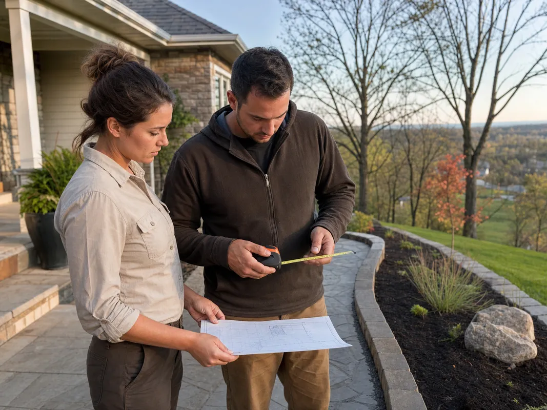 Stryker Outdoor Solutions team reviewing a residential hardscape project in Southern Indiana.