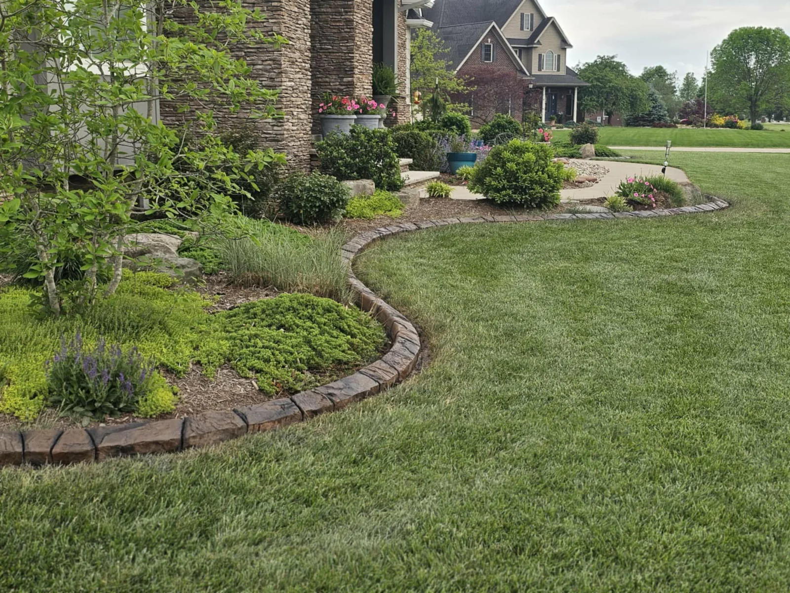 Concrete landscape edging defining curved front-yard planting beds
