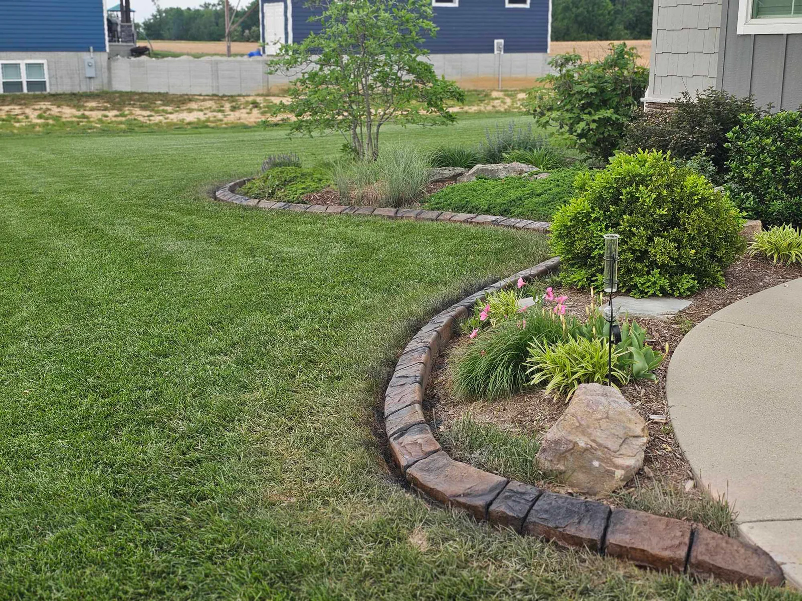 Maintained concrete edging around a finished residential landscape