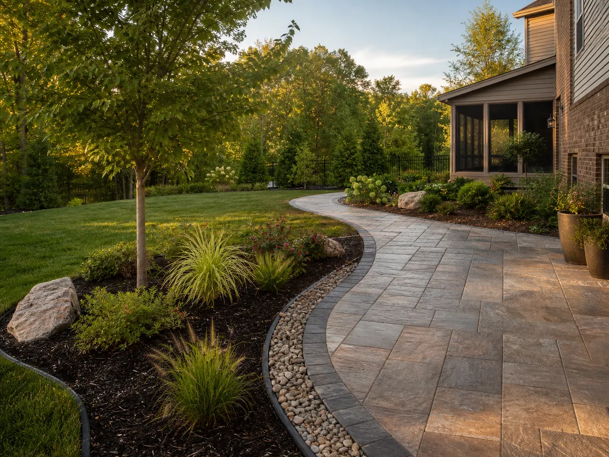 Backyard landscape installation and hardscape coordination in Southern Indiana.