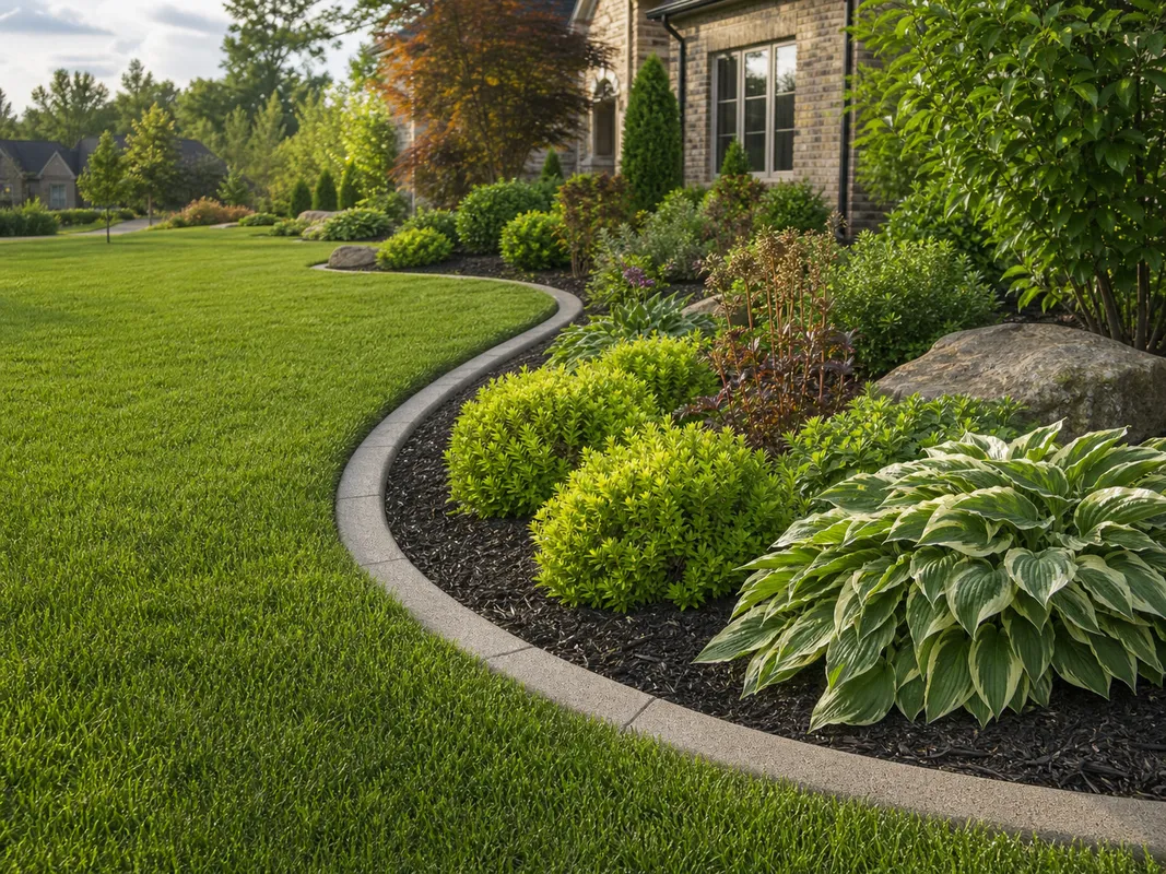 Landscape installation options in Southern Indiana showing curved beds and landscape edging.