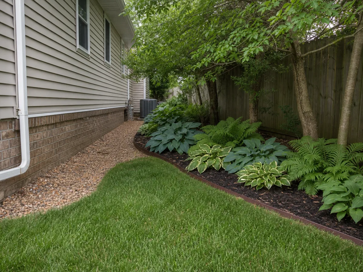 Side-yard landscape installation in Southern Indiana with defined lawn and bed transitions.
