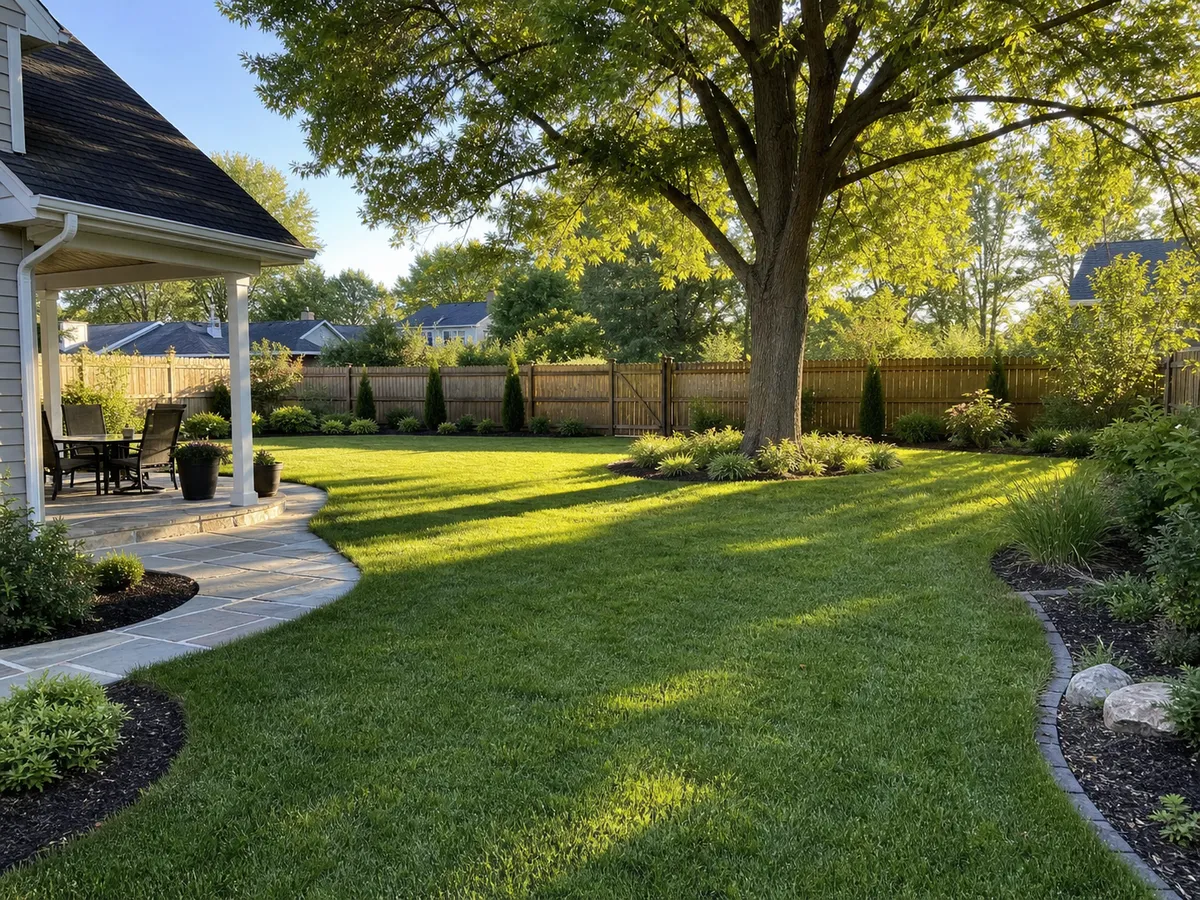 Backyard lawn maintenance in Southern Indiana around outdoor landscape features.