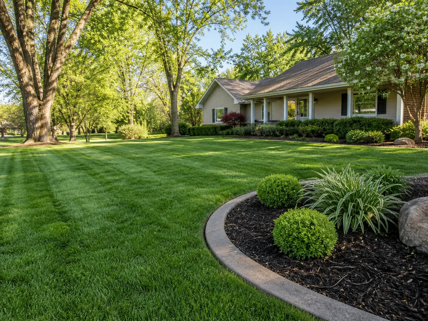 Lawn maintenance by Stryker Outdoor Solutions in Washington IN with clean lawn and landscape edges.