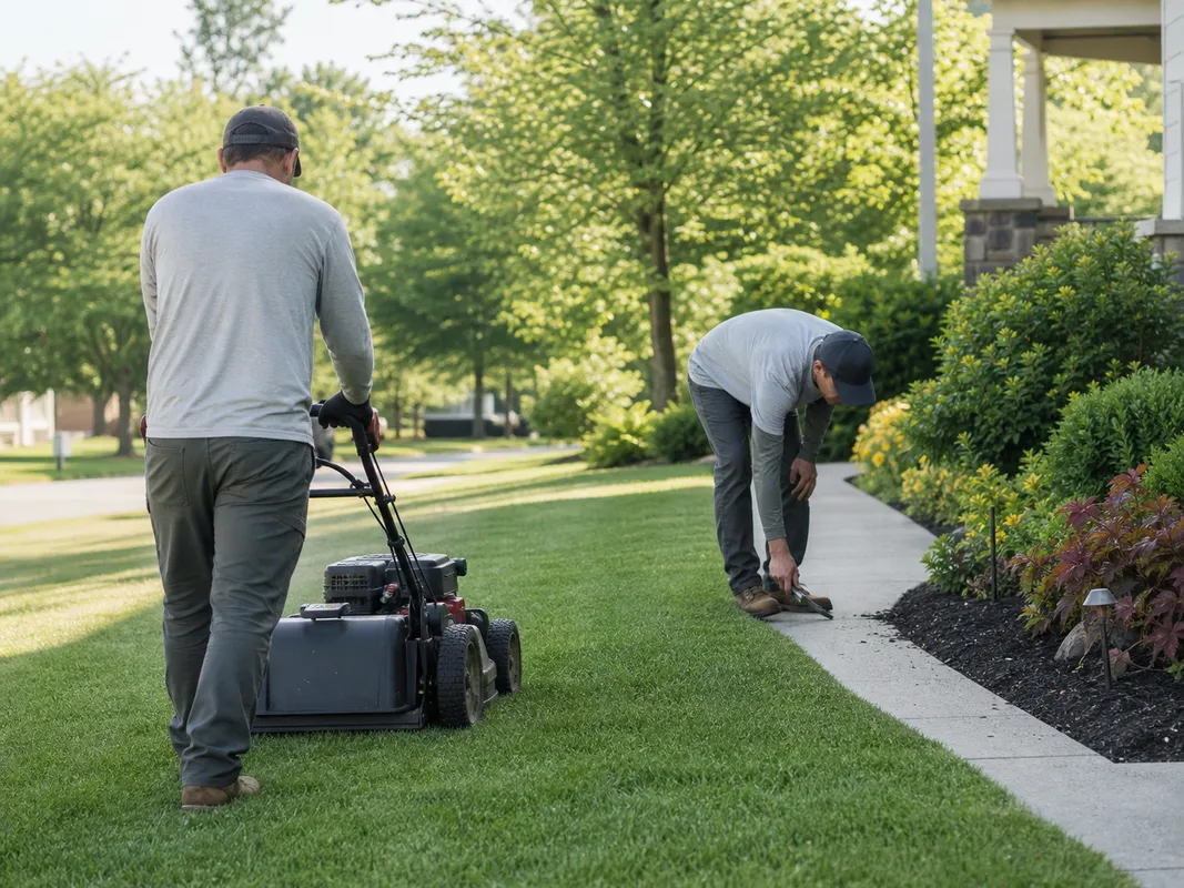 Stryker Outdoor Solutions crew working on residential lawn maintenance in Southern Indiana.
