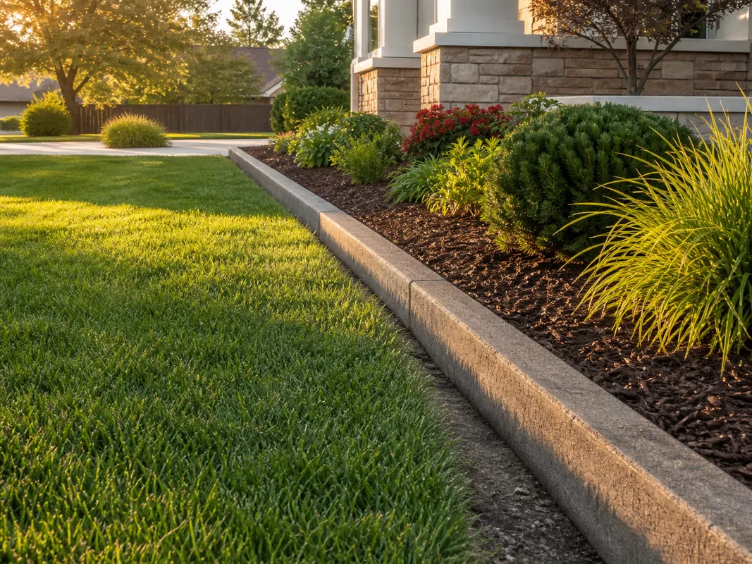 Well-maintained lawn and landscape bed in Washington IN by Stryker Outdoor Solutions.