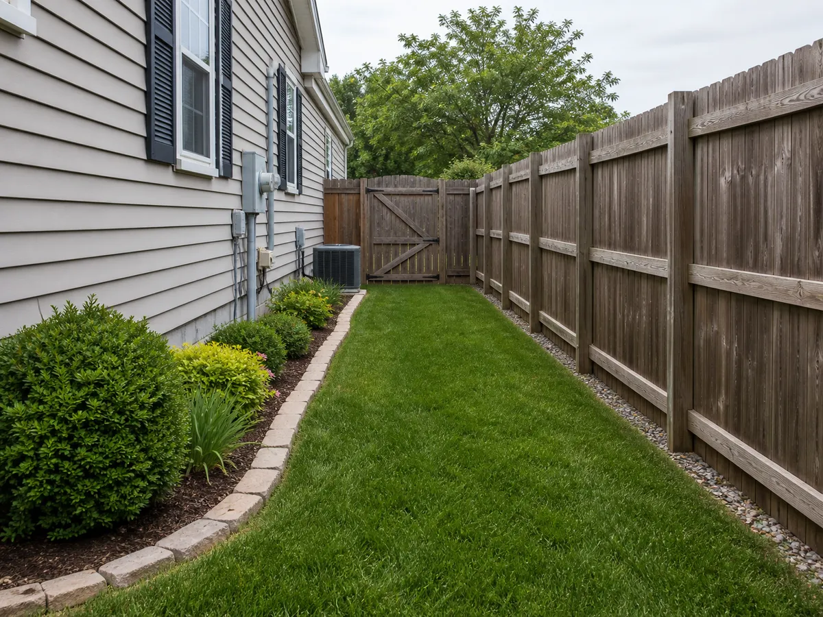 Narrow side-yard lawn maintenance in Southern Indiana.