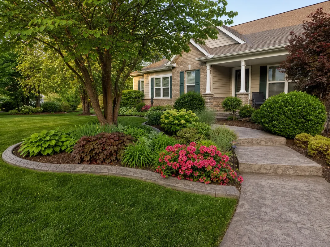 Residential lawn maintenance in Washington IN around planting beds and concrete edging.