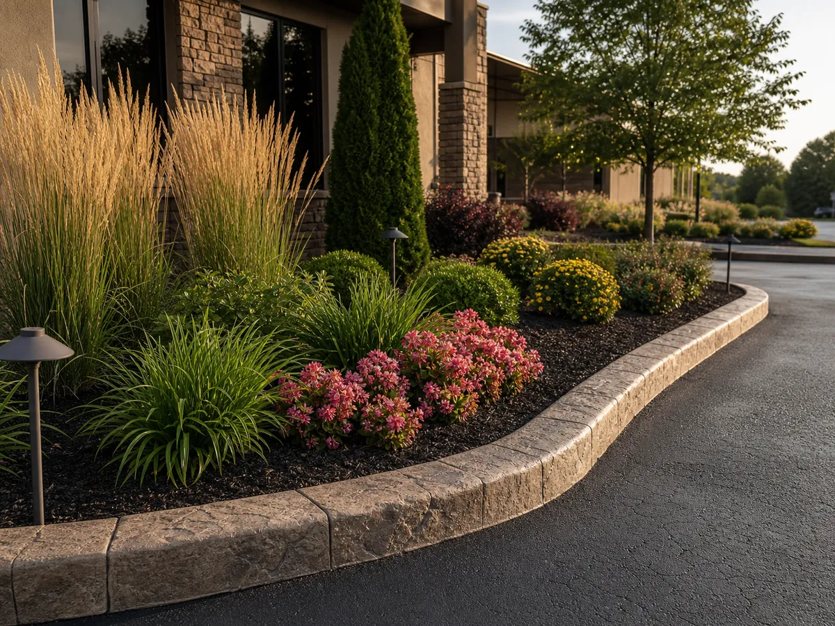 natural stone concrete curbing commercial entry landscape in Southern Indiana