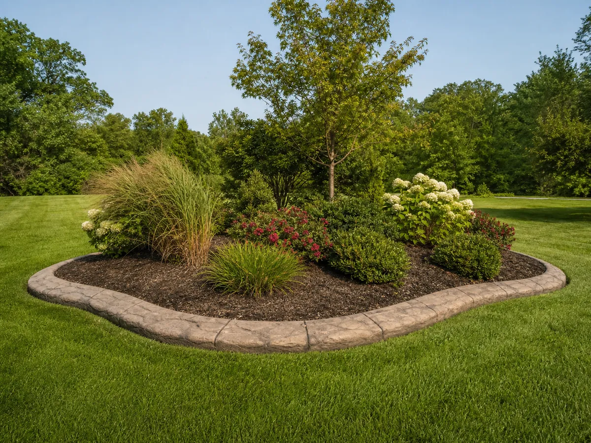 HD natural stone concrete curbing around a Southern Indiana planting island