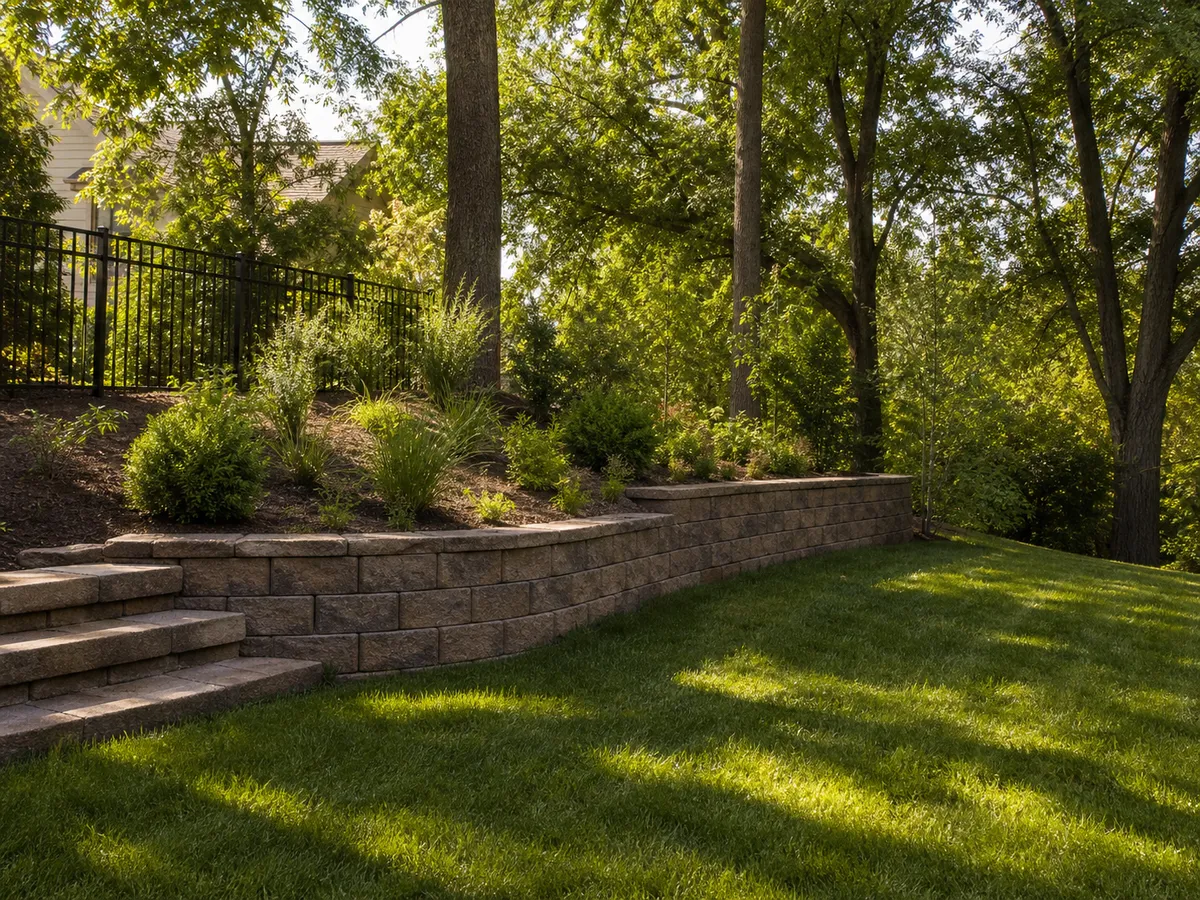 Backyard retaining wall and grade transition in Southern Indiana.