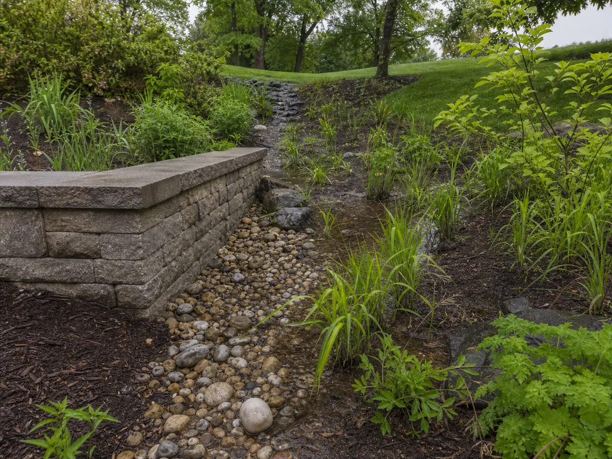 Retaining wall beside a drainage-sensitive landscape area in Washington IN.