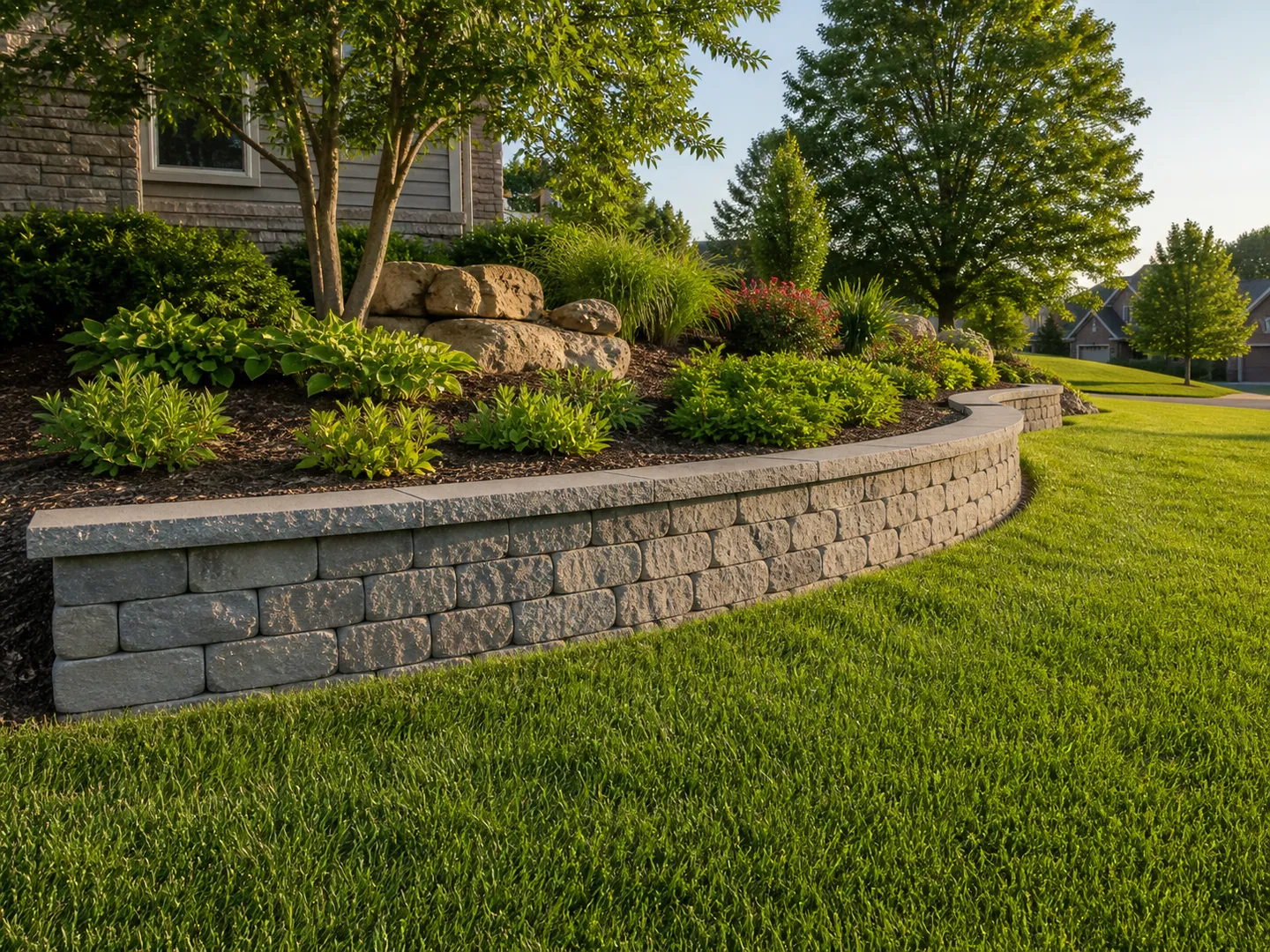 Retaining wall service by Stryker Outdoor Solutions in Southern Indiana for landscape grade support.