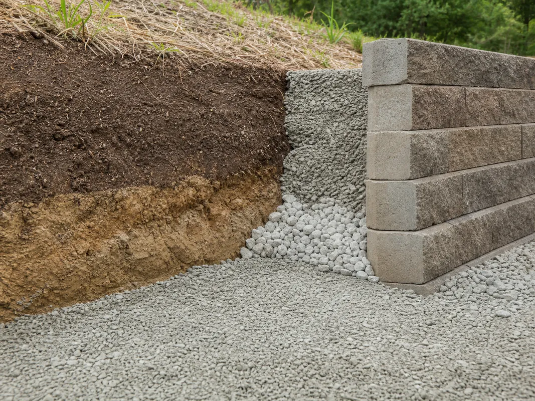 Retaining wall installation detail in Southern Indiana showing a landscape grade transition.