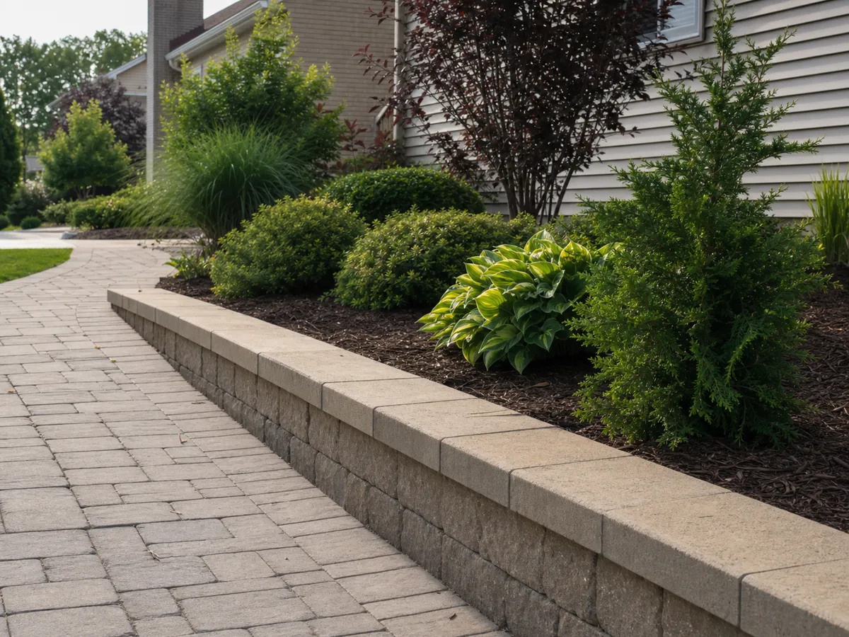 Retaining wall beside a landscaped walkway in Washington IN.