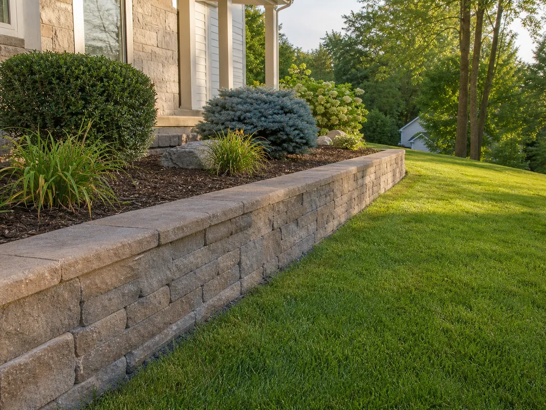 Residential retaining wall creating a level landscape bed in Washington IN.
