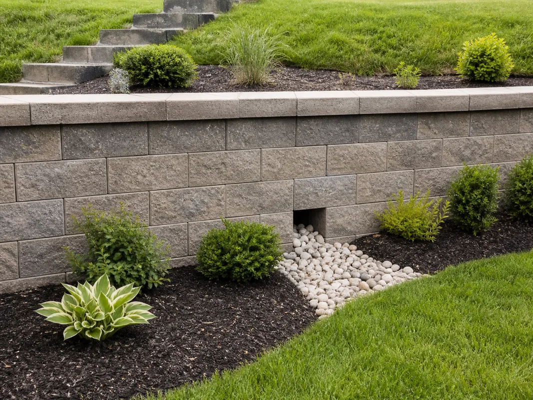 Maintained retaining wall and landscape bed in Southern Indiana.