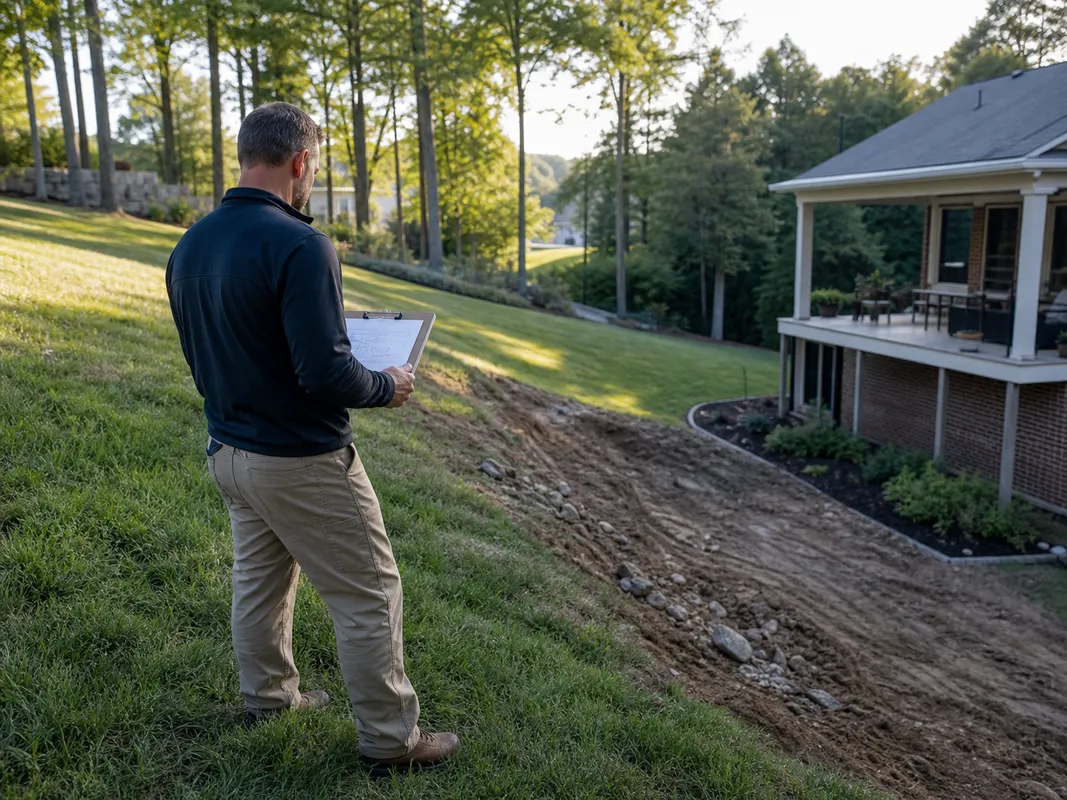 Stryker Outdoor Solutions reviewing a retaining wall site in Southern Indiana.