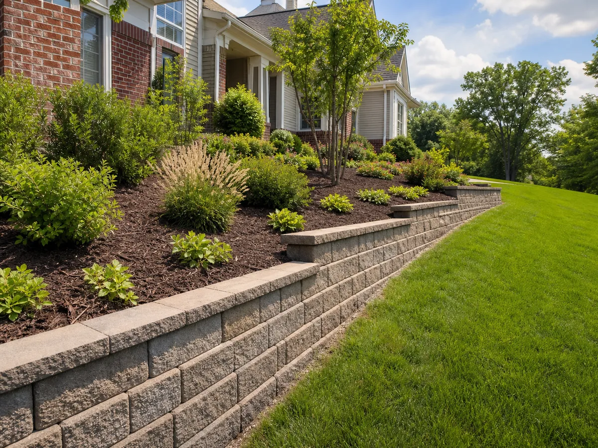 Sloped front-bed retaining wall in Southern Indiana by Stryker Outdoor Solutions.