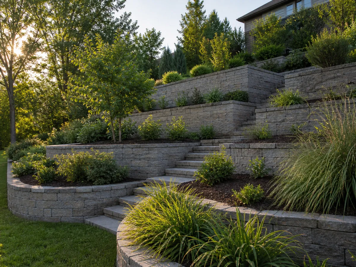 Tiered retaining-wall landscape beds in Southern Indiana.